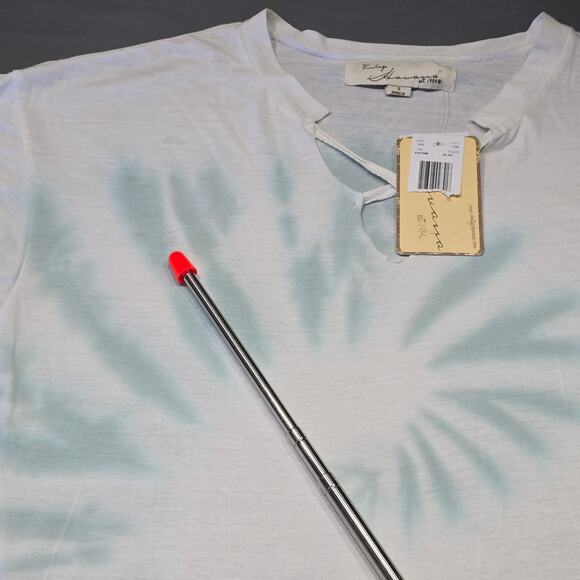 Vintage Havana White Blue Tie Dye Shirt NEW Classic Short Sleeves V-Neck Women S - Picture 7 of 13